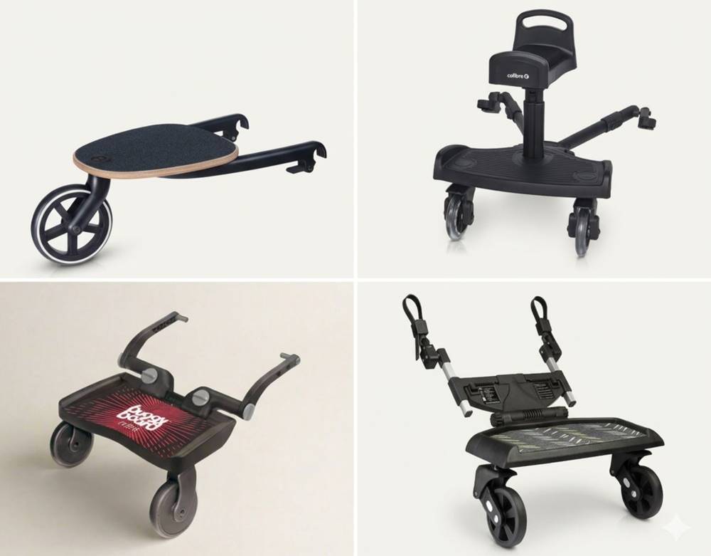 Różne rodzaje dostawek do wózka – platformy do stania, dostawki z siedziskiem, buggy board.